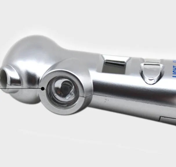 Silver four-in-one digital tire pressure gauge with display, stainless steel hammer, and emergency light on car seat