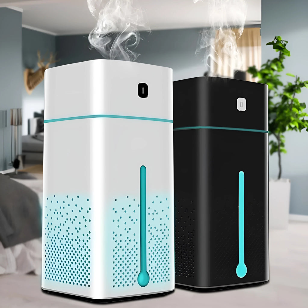 Black and white USB desktop humidifier measuring 103x103x218mm with 1000ml capacity