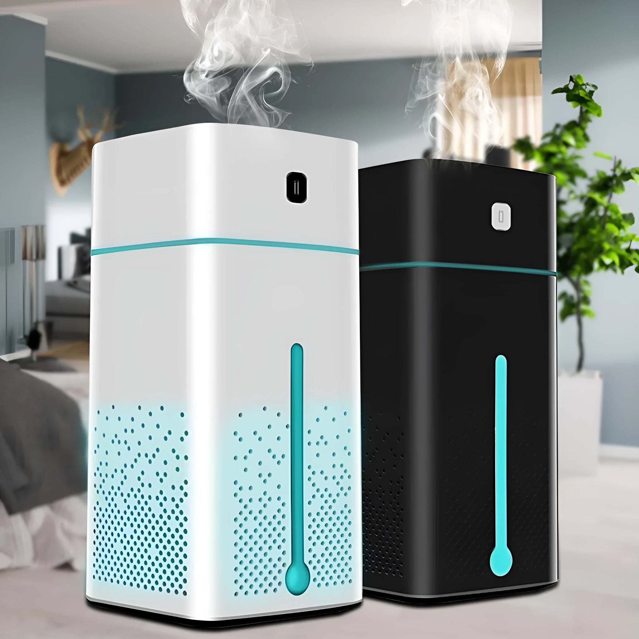 Black and white USB desktop humidifier measuring 103x103x218mm with 1000ml capacity