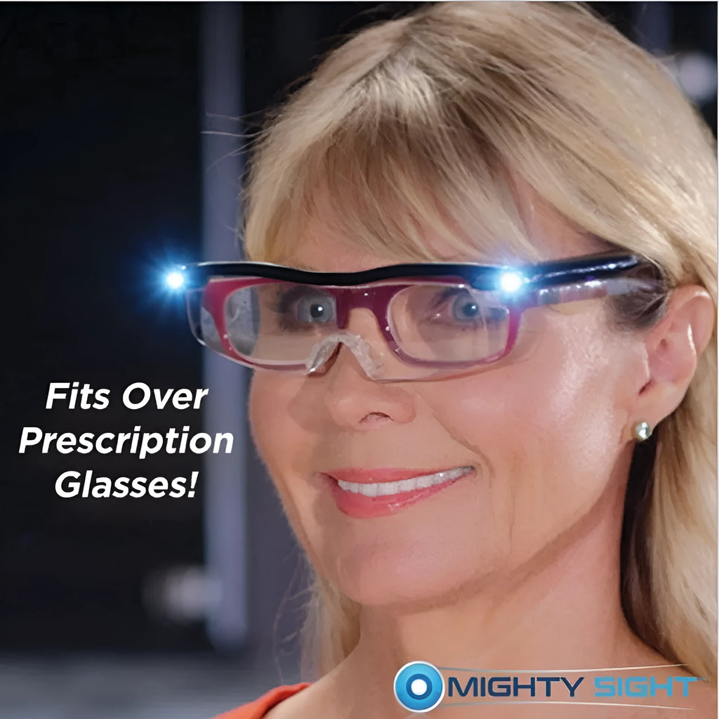 Transparent black reading glasses with a built-in USB LED light panel on the frame.
