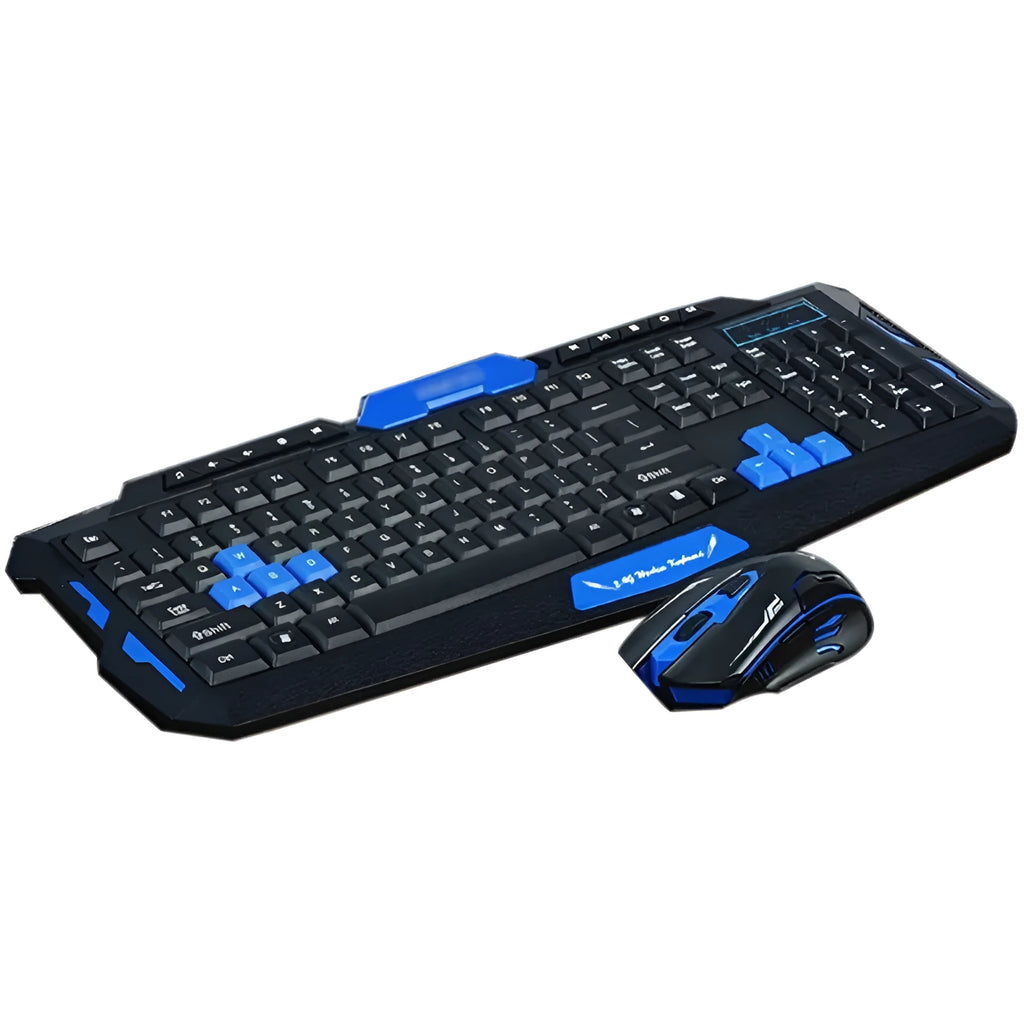 Black and blue wireless keyboard and mouse set on a desk showing its slim profile.