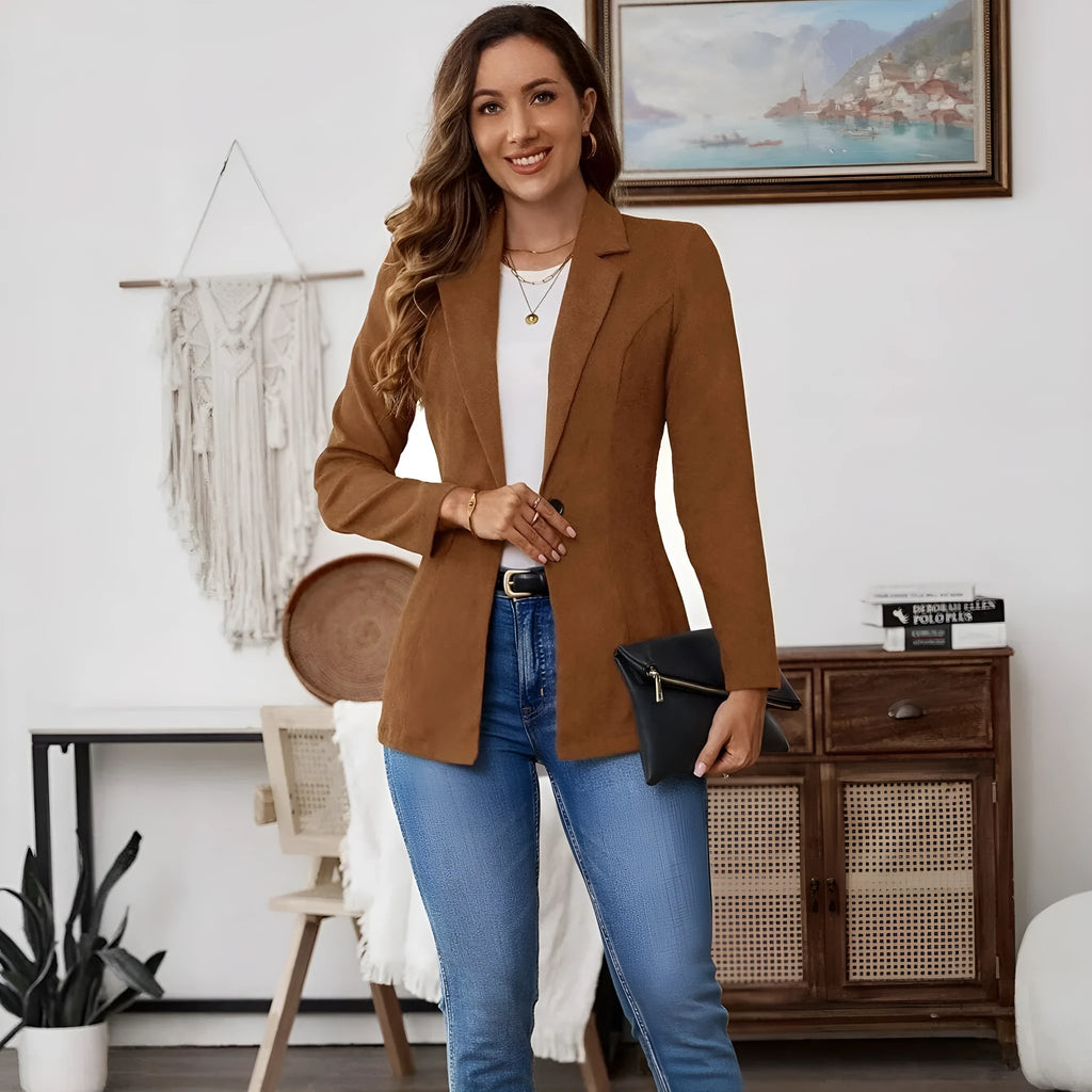Brown men's single-breasted lapel blazer jacket on a hanger