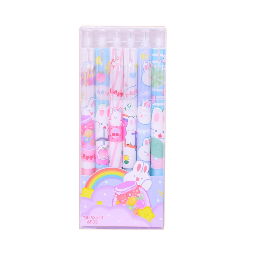 Six black plastic pens with cartoon bunny designs and 0.5mm tips laid side by side.