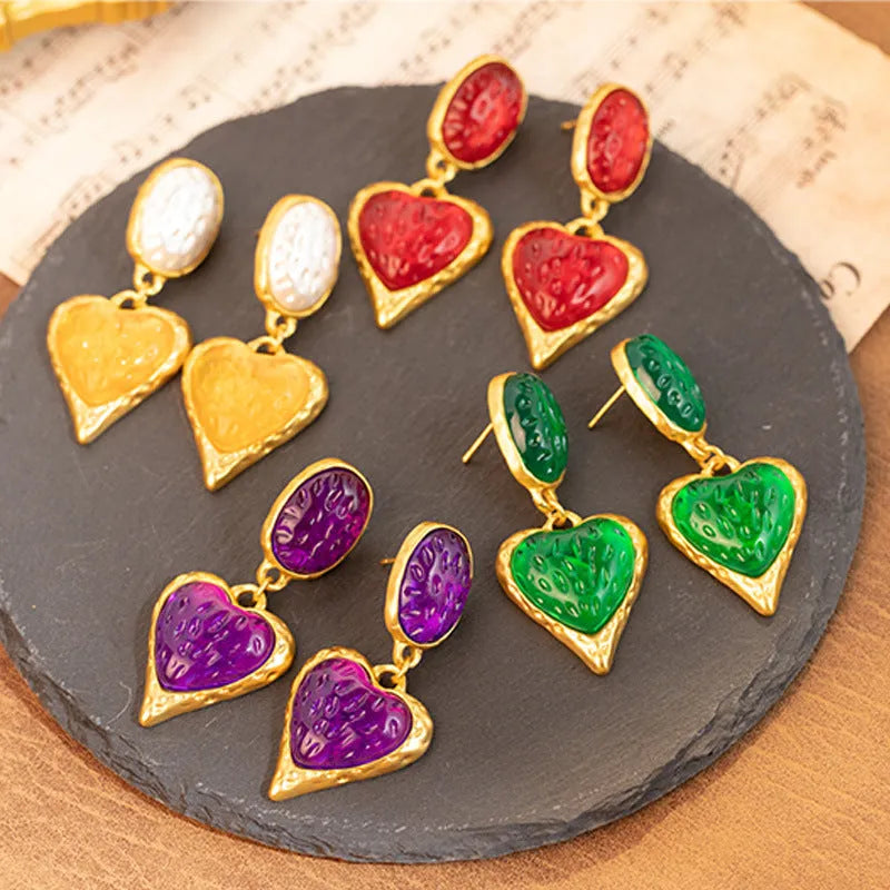 Pleated oval love heart stud earrings in purple, red, green, and yellow and white alloy colours
