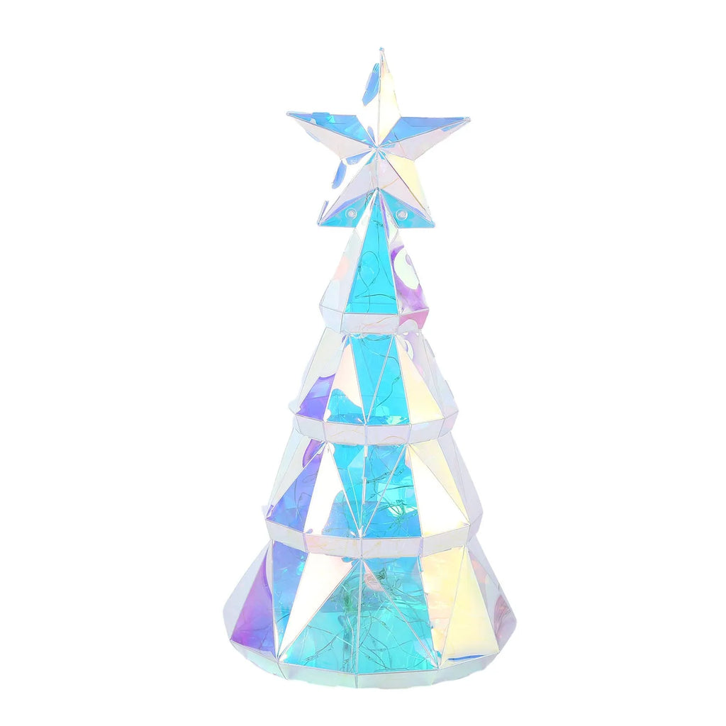 Colourful cartoon-style LED Christmas tree decorative toy on a tabletop