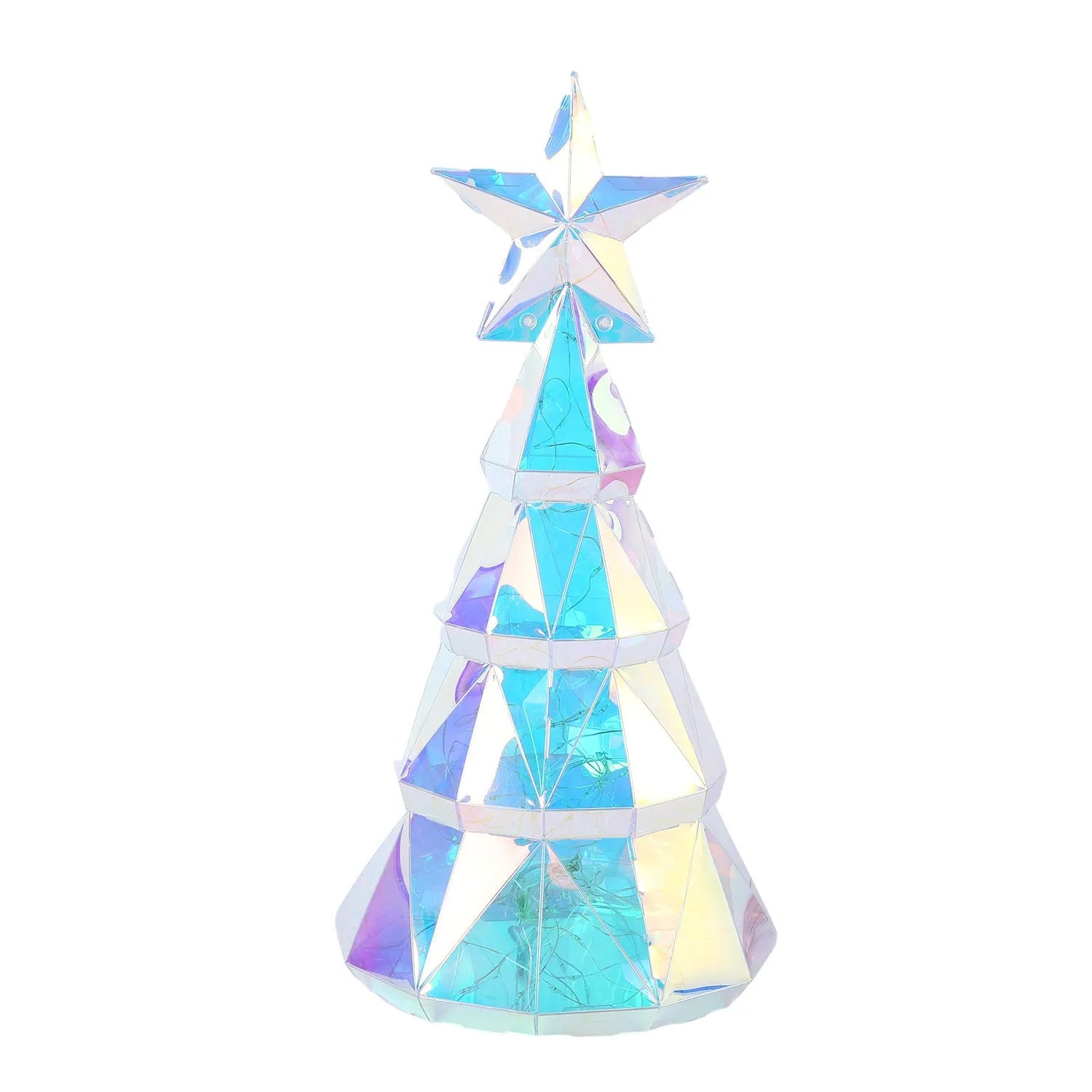 Colourful cartoon-style LED Christmas tree decorative toy on a tabletop