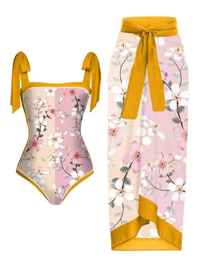 Women's printed floral two-piece swimsuit with chiffon hip skirt in multiple colour options