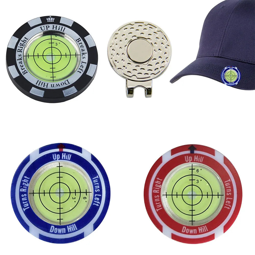 Golf level hat clip measurement tool with position marks and blue water level indicator
