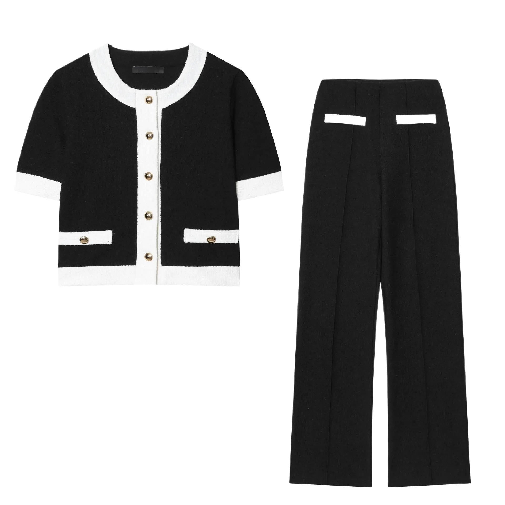 Polyester street fashion suit with round neck top and high-waisted trousers in coordinated colours