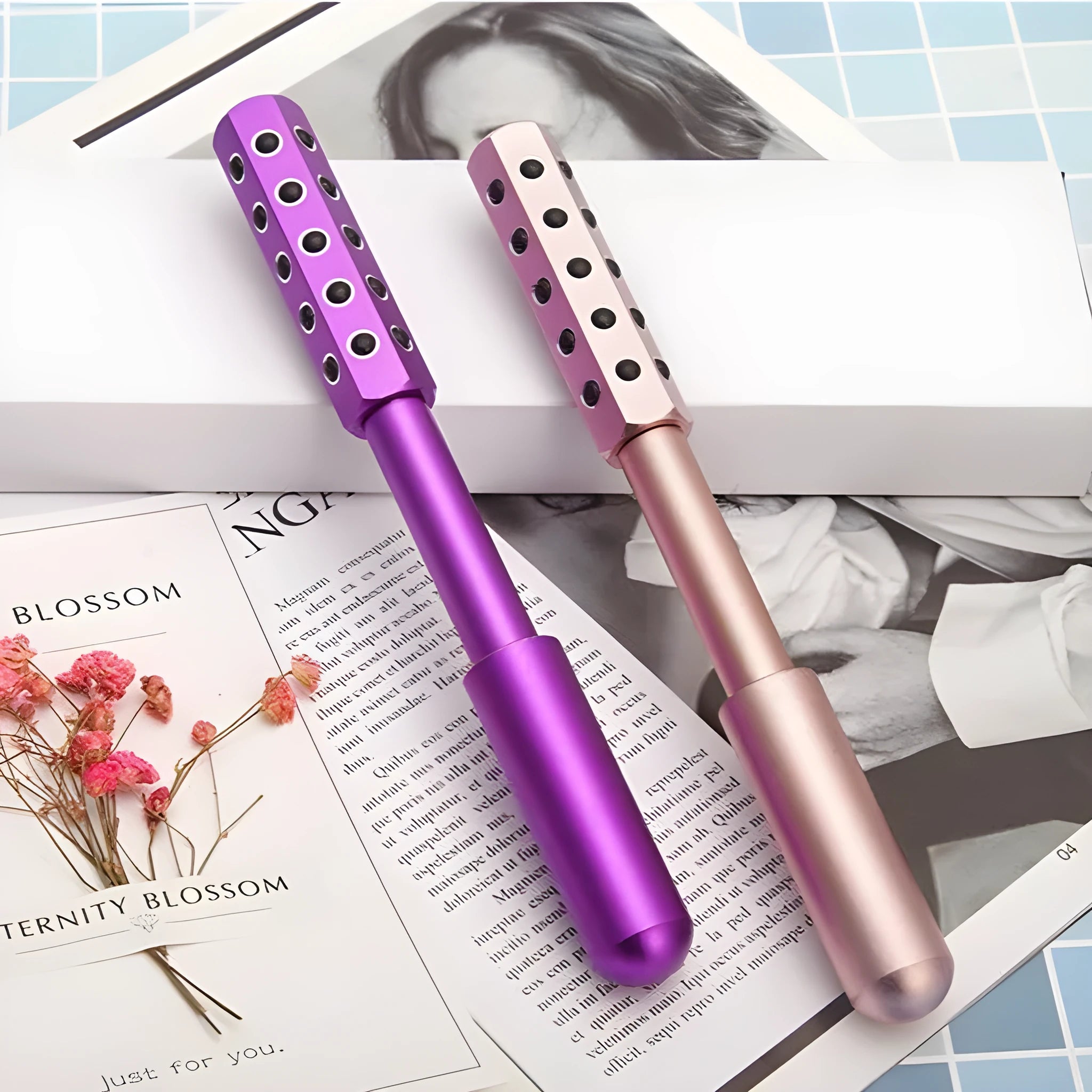 Purple germanium particles facial massage roller with 193 mm length for eye contour massage