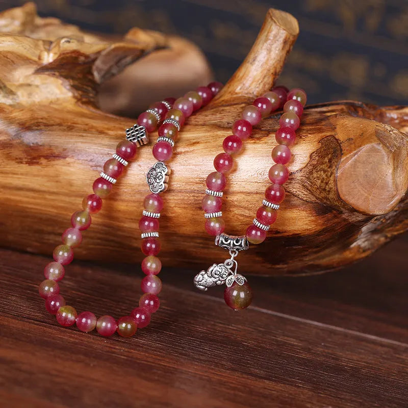 Natural watermelon crystal Chinese knot bracelet with elephant-style beads