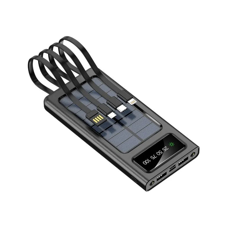 Black and white solar power bank with 20000mAh capacity and charging cable for mobile phones