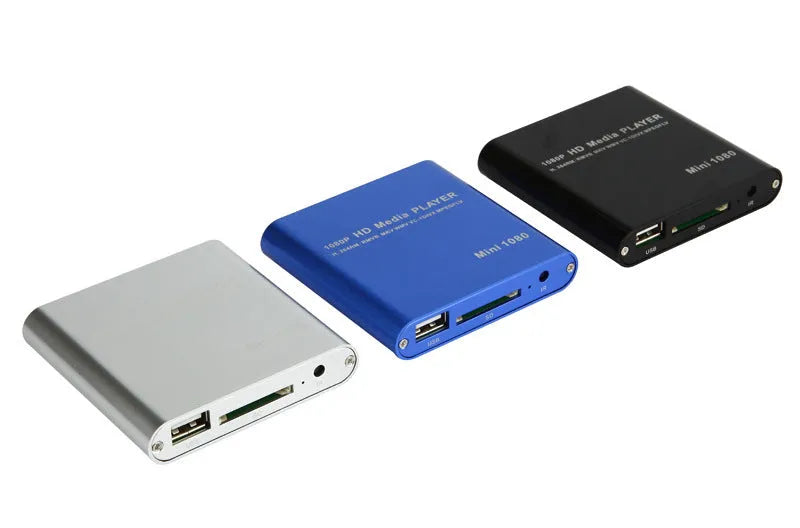 Compact blue 1080p Full HD media player with remote control on a black background.