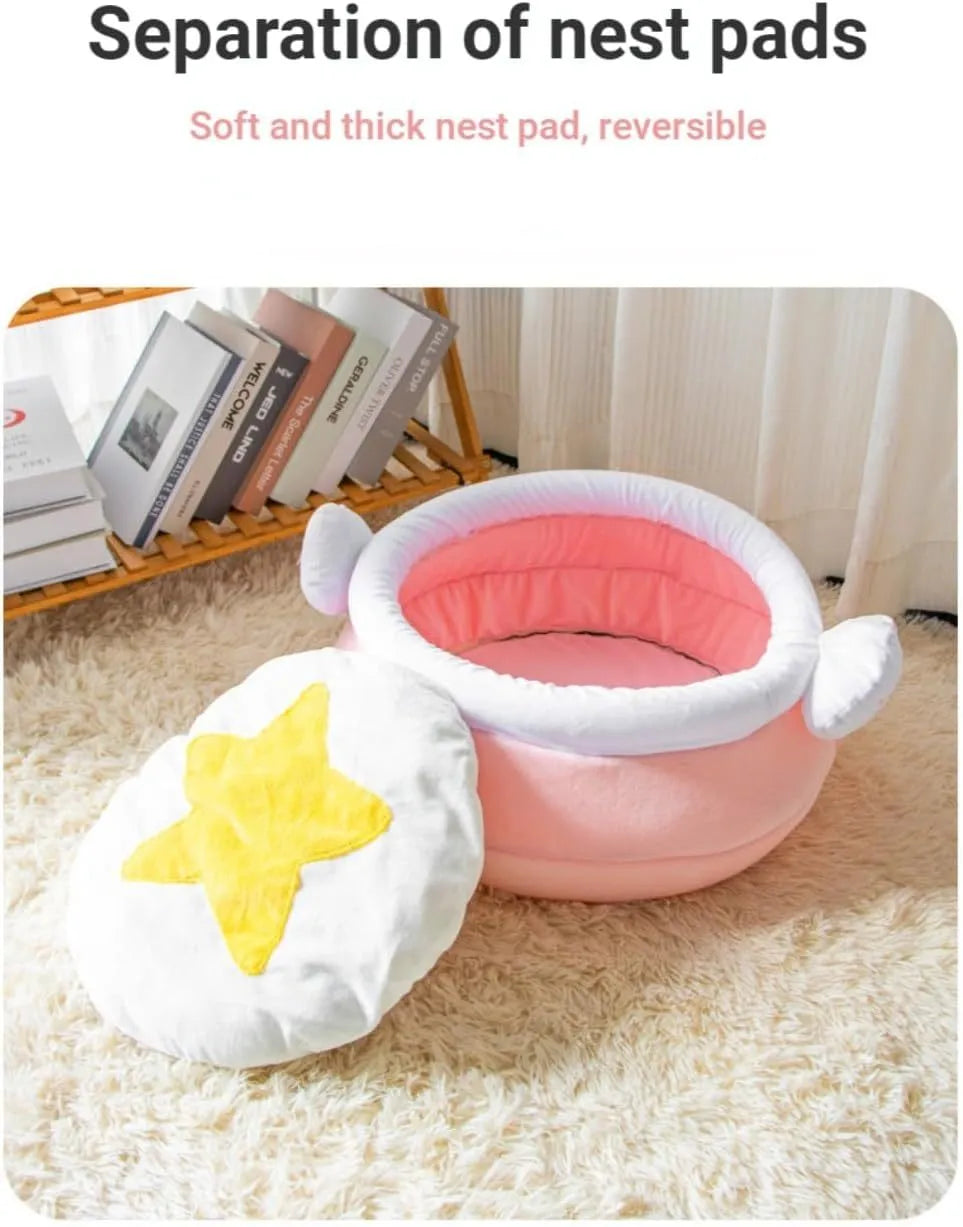Honey pot shaped cat sofa bed with magic wand design in pink colour for small pets