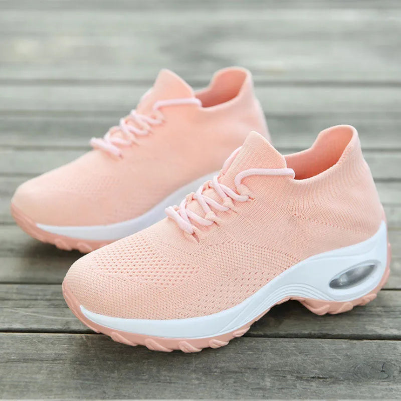 Women's flying knit sports shoes with waterproof platform, round toe, middle heel, available in multiple colours