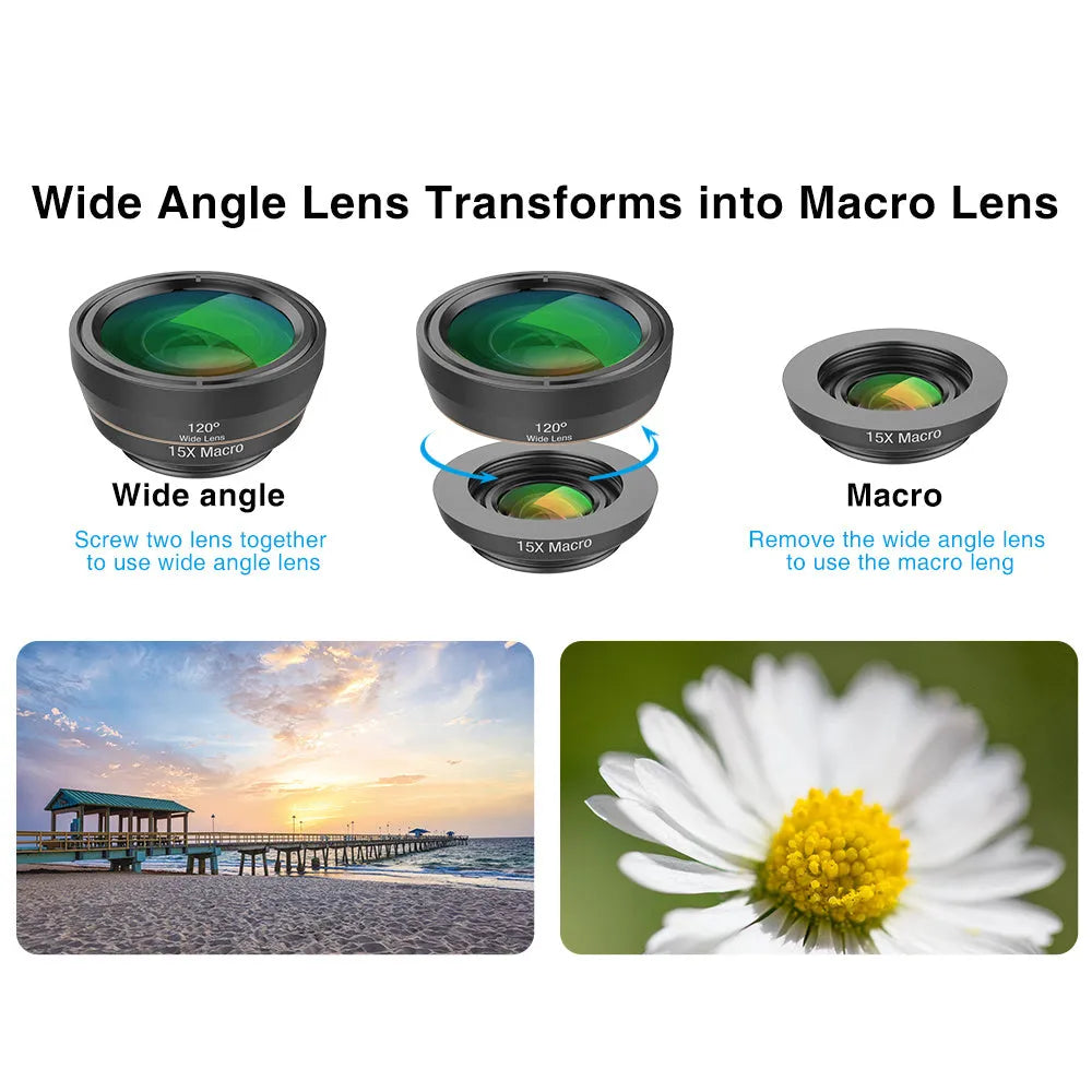 6 in 1 universal smartphone camera lens kit with fisheye, wide, macro, telephoto, CPL and star filter lenses and mounting clip.