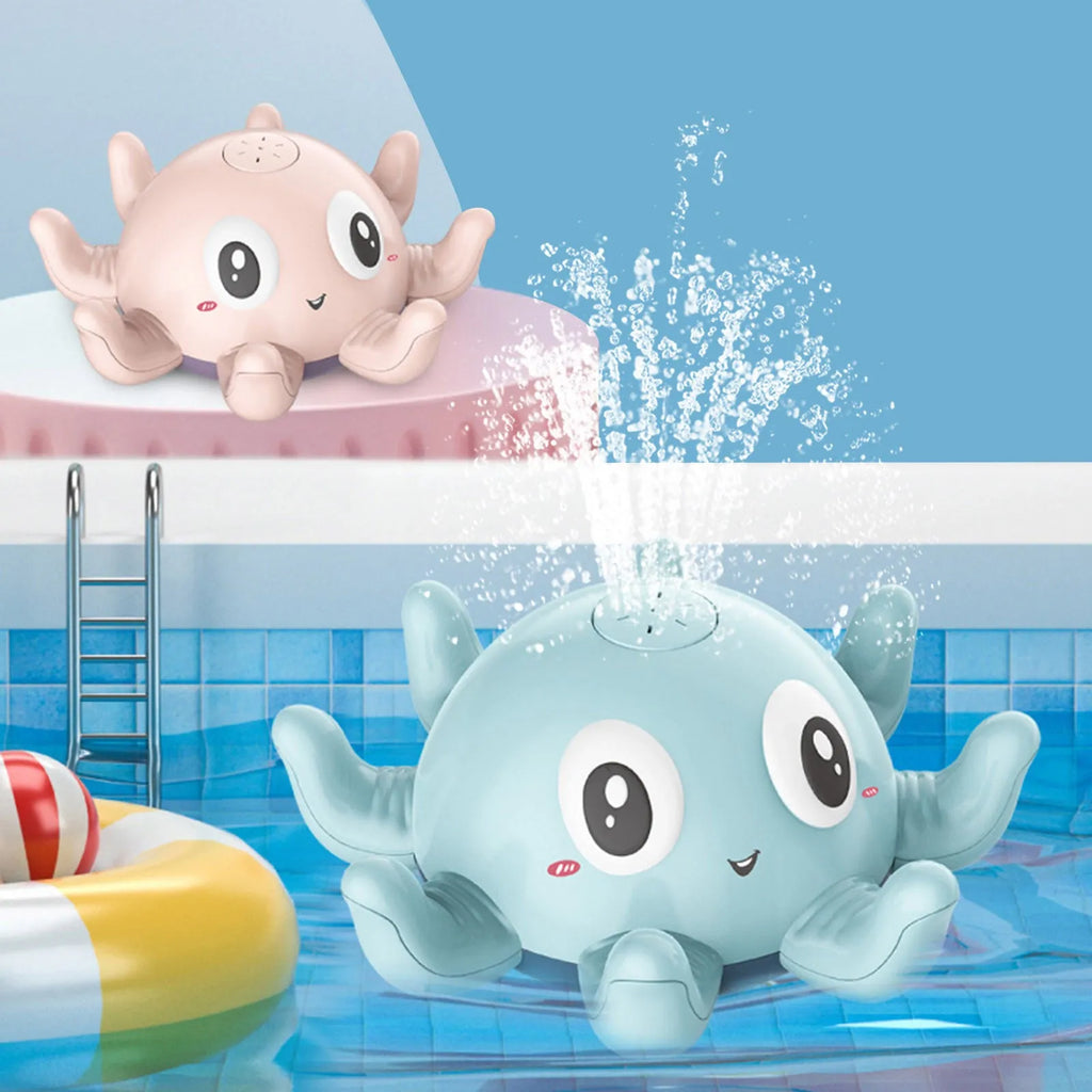 Children's automatic water spray bath toy with flashing lights in blue octopus design on white background