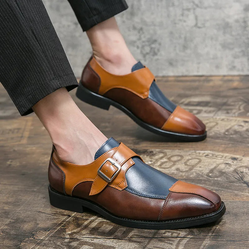 Men's brown blue British retro buckle casual shoes with tall crown microfiber upper