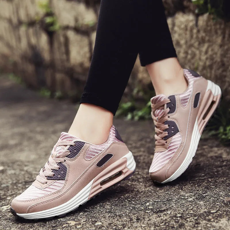 Women's low-heel casual shoes in beige orange, grey, and pink purple on a white background.