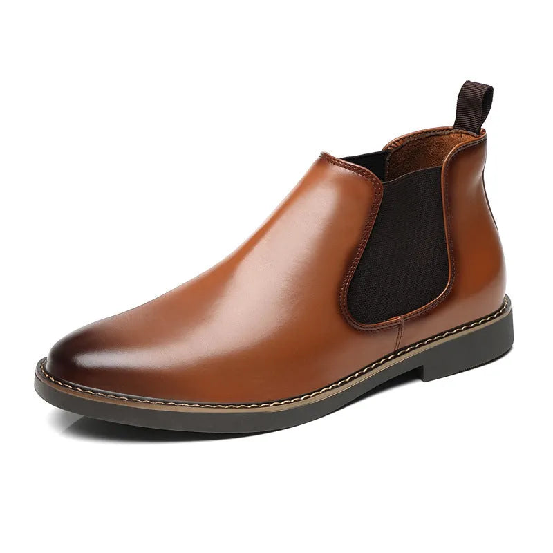 Black and brown formal pointed-toe leather boots with a square heel and rubber sole.