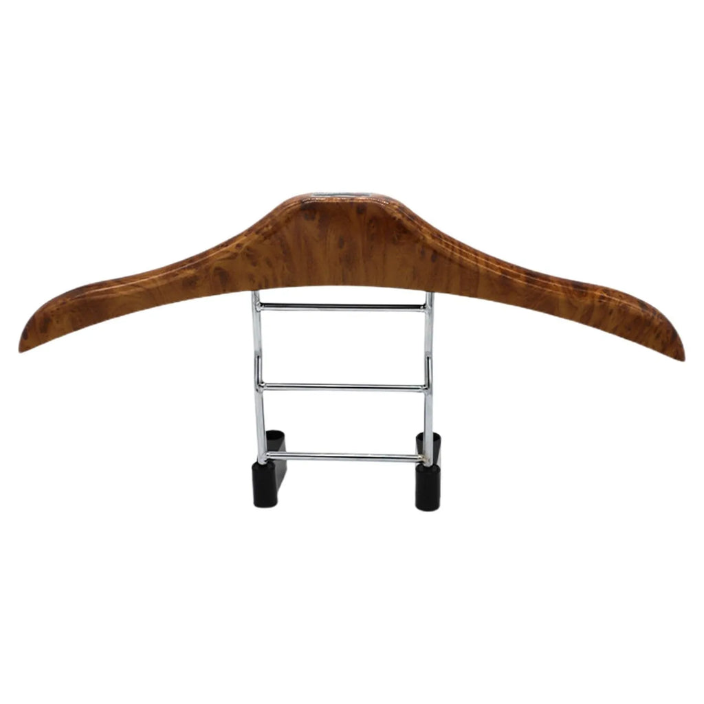 Wood yellow stainless steel car clothes hanger hanging a suit jacket
