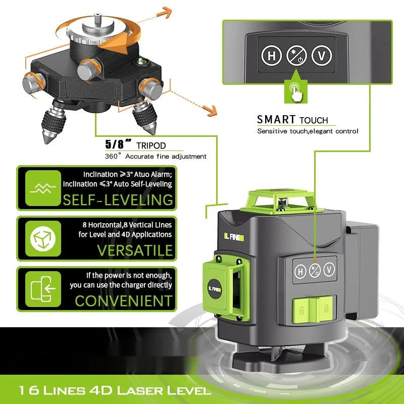 Green 16-line 3D laser level with compact black housing on a work surface.