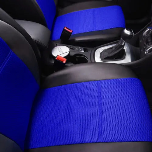 Set of black artificial leather car seat covers showing front and backseat pieces.