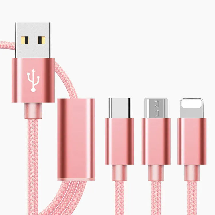 Three-in-one mobile phone charging cable showing multiple connectors and colour options