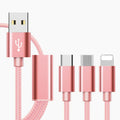 Three-in-one mobile phone charging cable showing multiple connectors and colour options