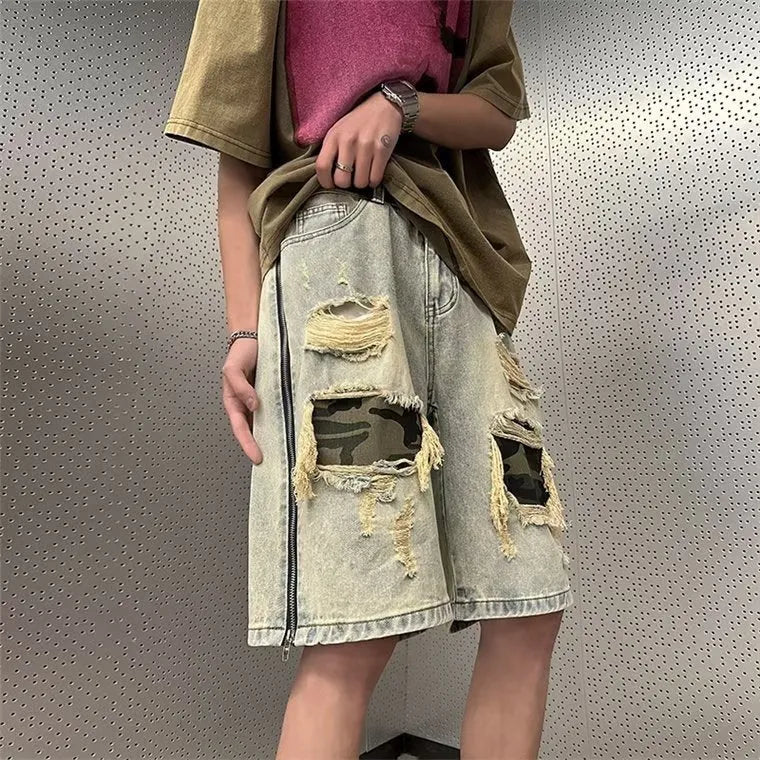 Men's yellow ripped camouflage denim shorts with straight leg cut and Korean styling