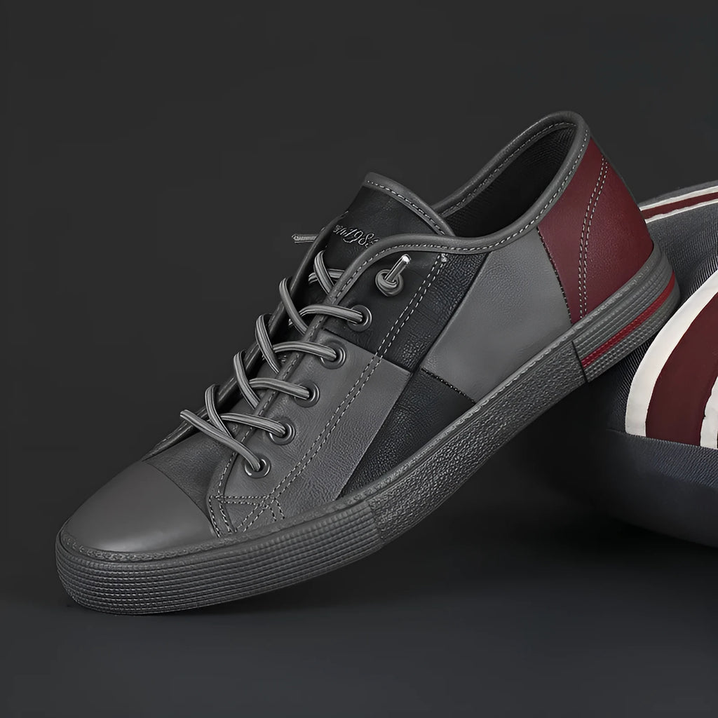Men's colour matching leather shoes with round toe, flat heel, and elastic band closure