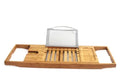 Bamboo single-tier desktop storage rack for bathroom organisation next to a bathtub.