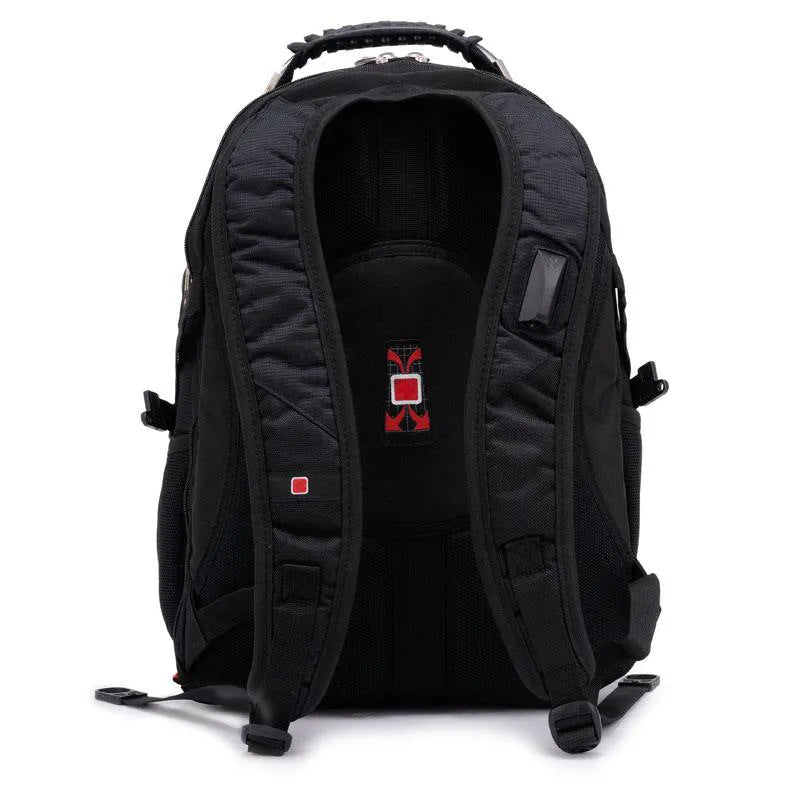 Black business backpack open to show laptop compartment and internal organisers.