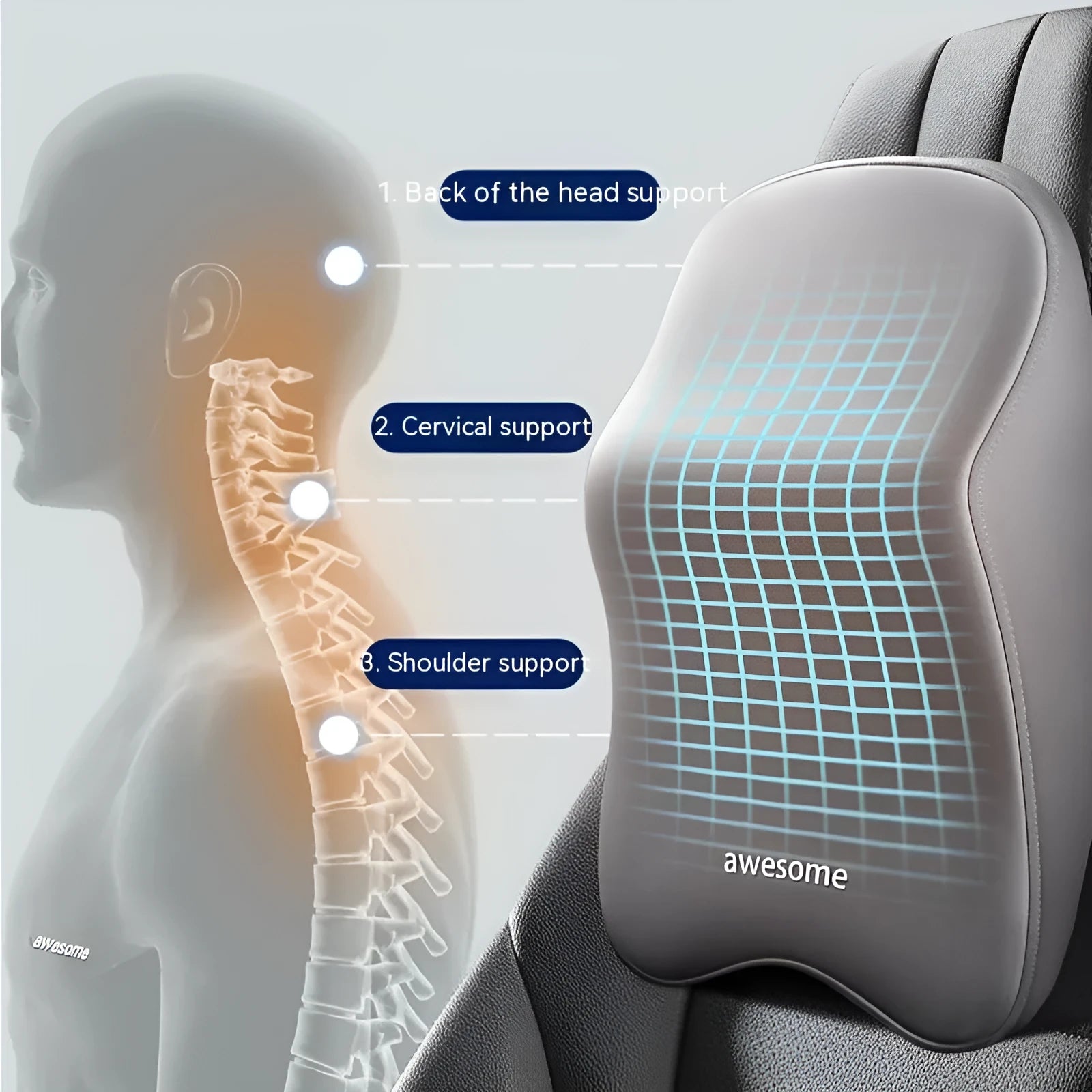 Memory foam car pillow set showing headrest and lumbar support pillows in solid colours