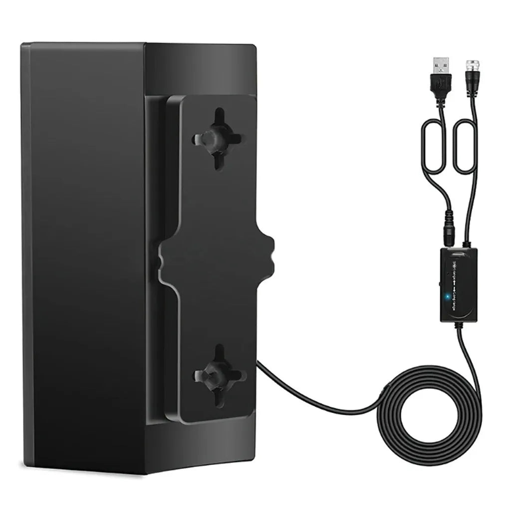 Black plastic indoor digital television antenna with HD Mode and mounting accessories