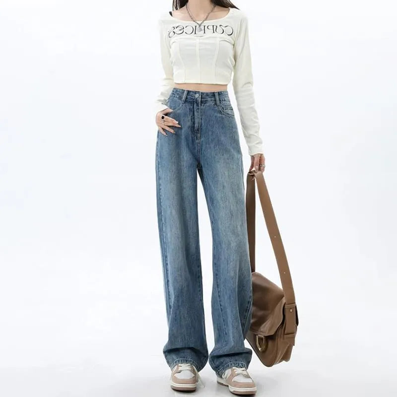 Women's retro blue wide leg jeans with high waist and straight leg cut