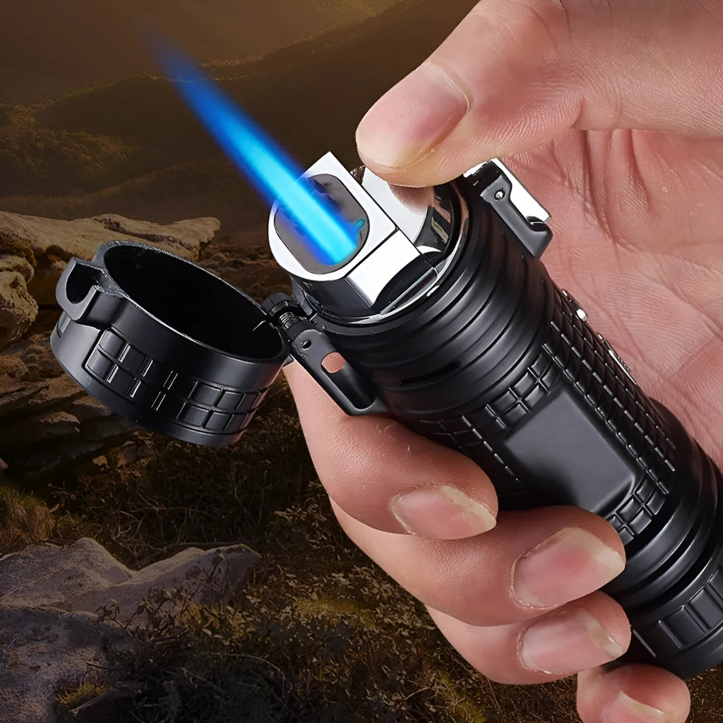 TH727 multifunction metal flashlight lighter shown in camouflage, red, black, blue, and yellow colour options.