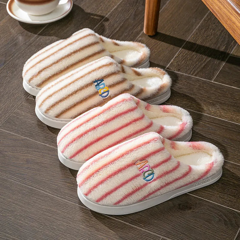 Vertical plush soft cotton slippers for men women in pink with plastic sole