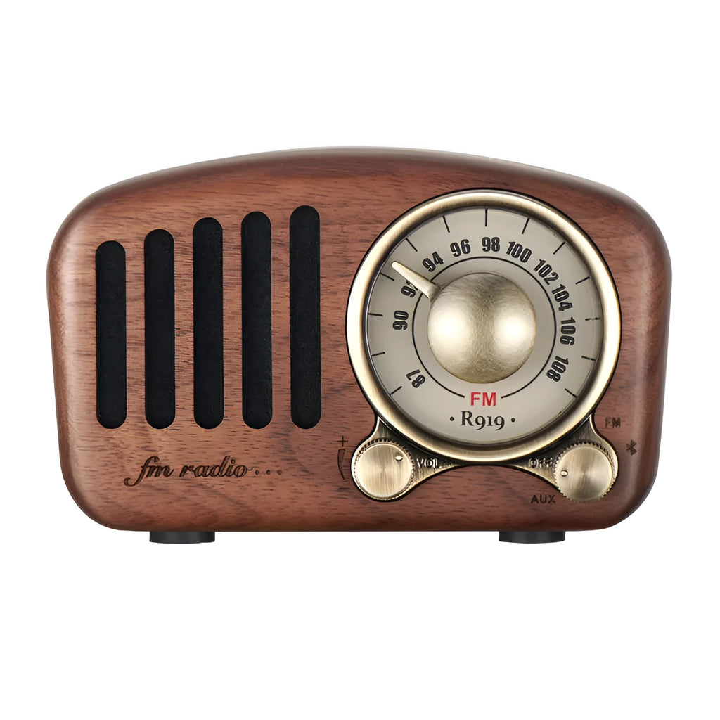 Retro wooden wireless mini speaker in cherry wood or walnut finish, showing compact size