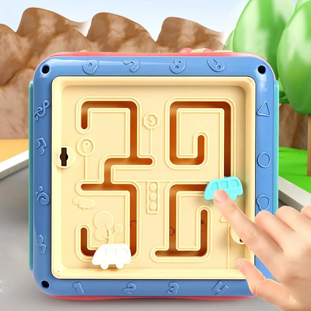 Baby hexahedron educational toy with six different Montessori learning activities on each side
