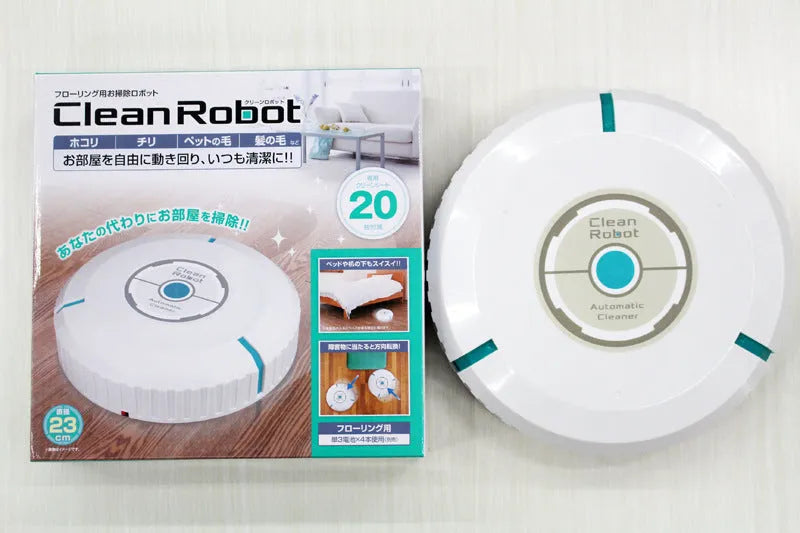 Black and white AC Sweeping Robot automatic vacuum cleaner on a hardwood floor.