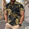 Gold tropical plant pattern printed men's short sleeve shirt on hanger