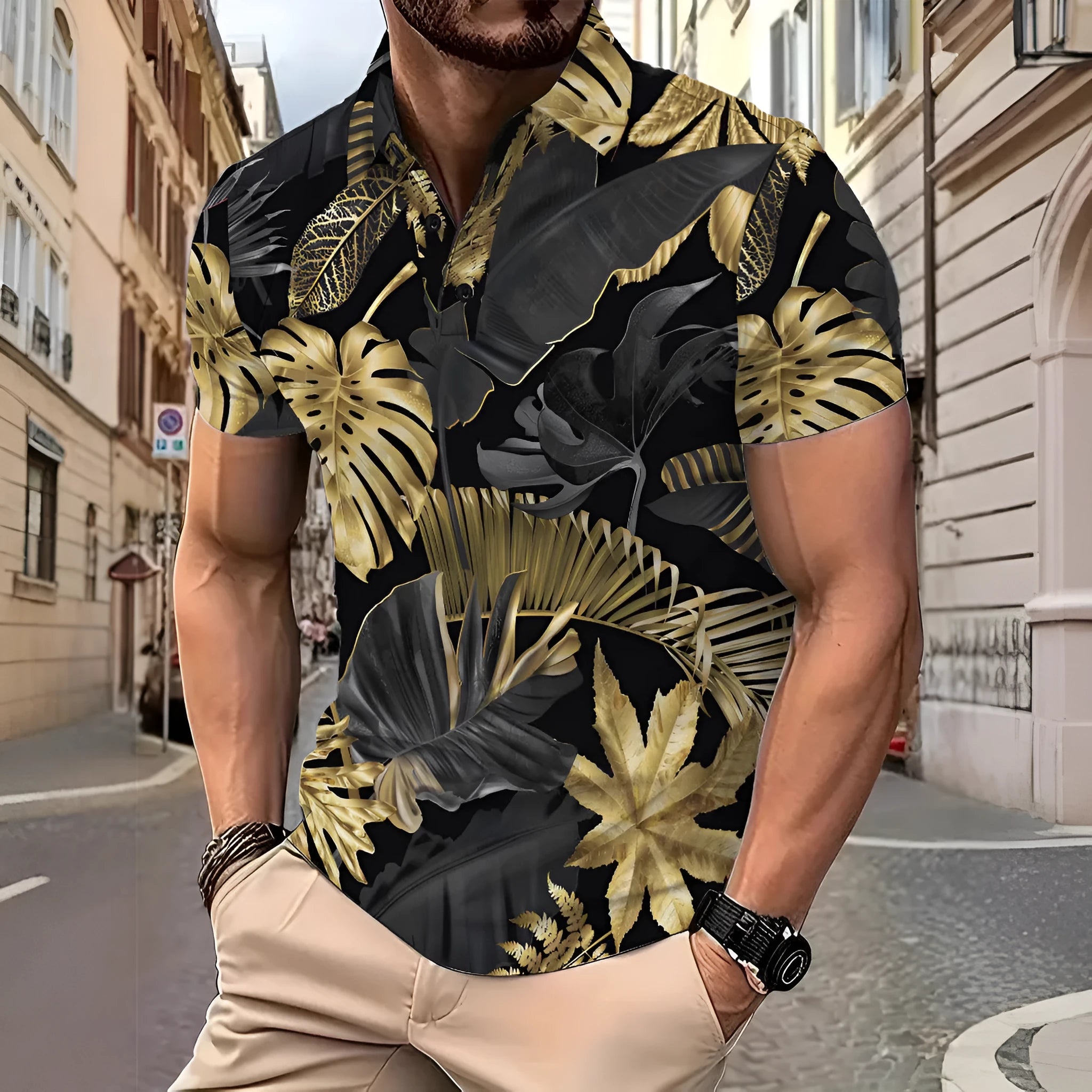 Gold tropical plant pattern printed men's short sleeve shirt on hanger
