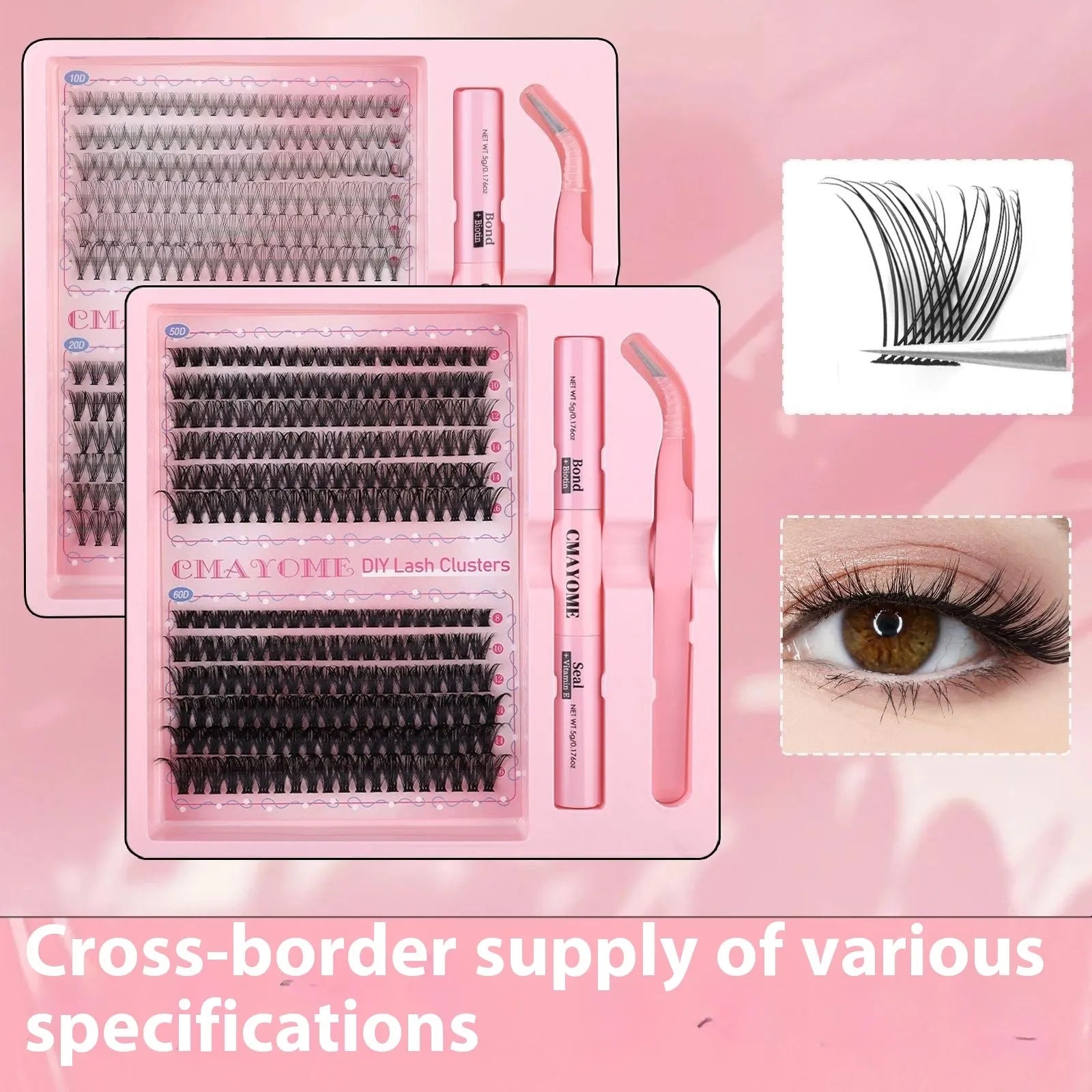 DIY single cluster false eyelashes, artificial fibre, individual lashes on a clear tray.