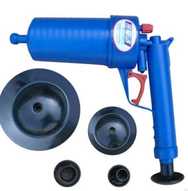 Plastic drain blaster gun with handle and four different-sized suction cup adapters for unblocking pipes.