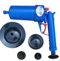 Plastic drain blaster gun with handle and four different-sized suction cup adapters for unblocking pipes.