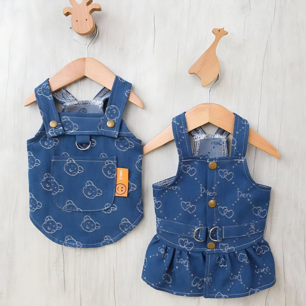 Denim princess dress for small dogs with bracket skirt design in spring/autumn transitional clothing