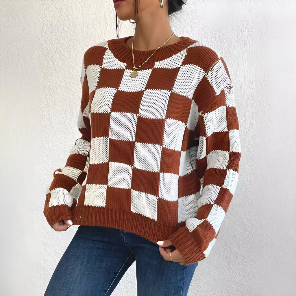 Dark brown loose fit plaid pullover sweater with chessboard pattern and round neck