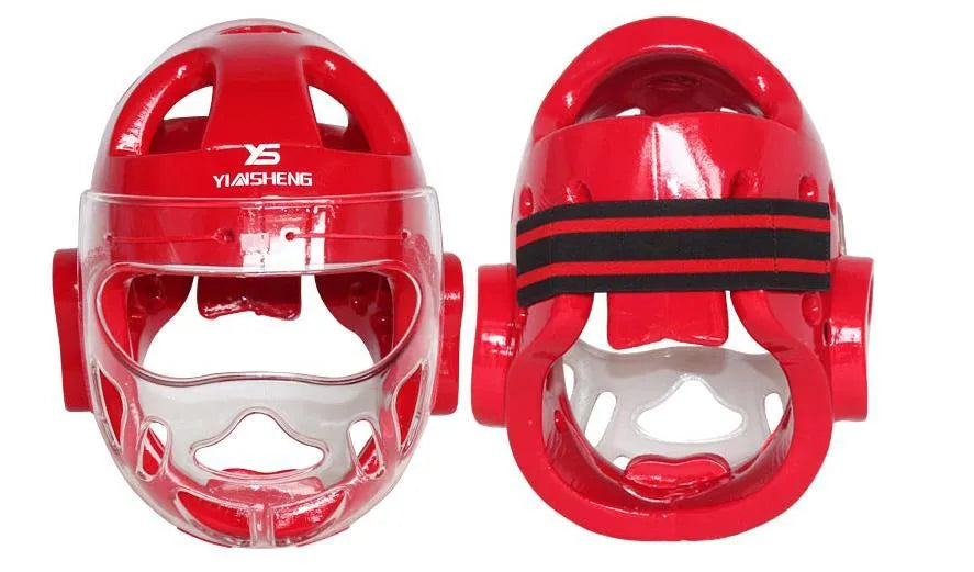 Karate boxing helmet for head protection available in blue, red and white colours with size options