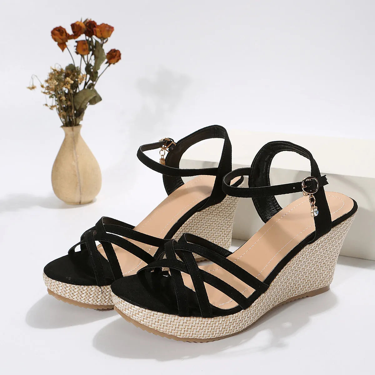 Women's simple wedge sandals with cloth upper and fish mouth toe design in black and white